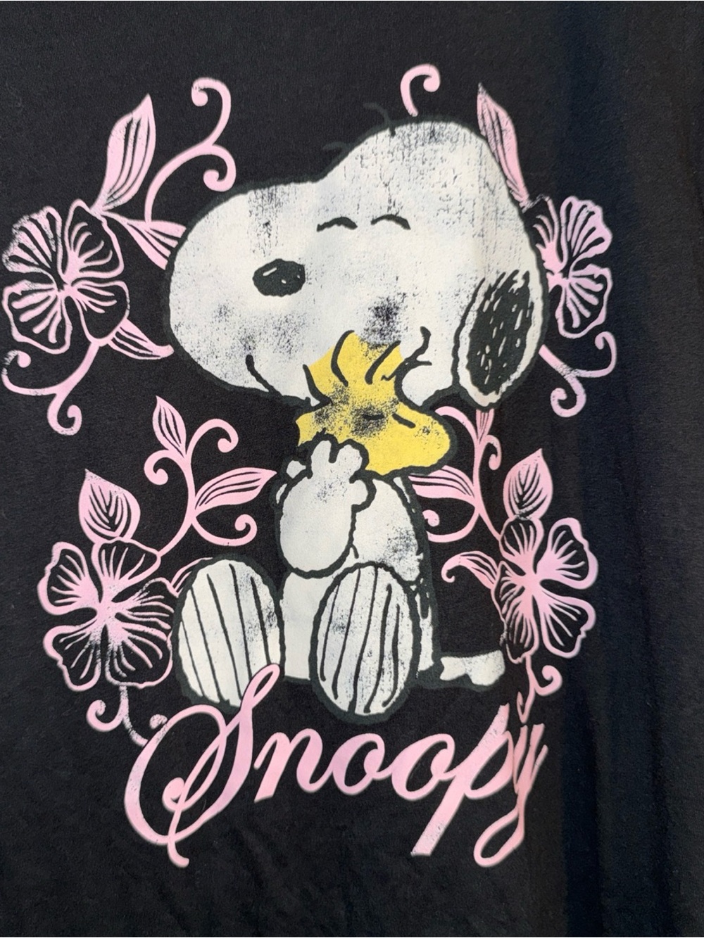 Peanuts Black Tee with Pink Floral Snoopy & Yellow Woodstock - Picture 2 of 4